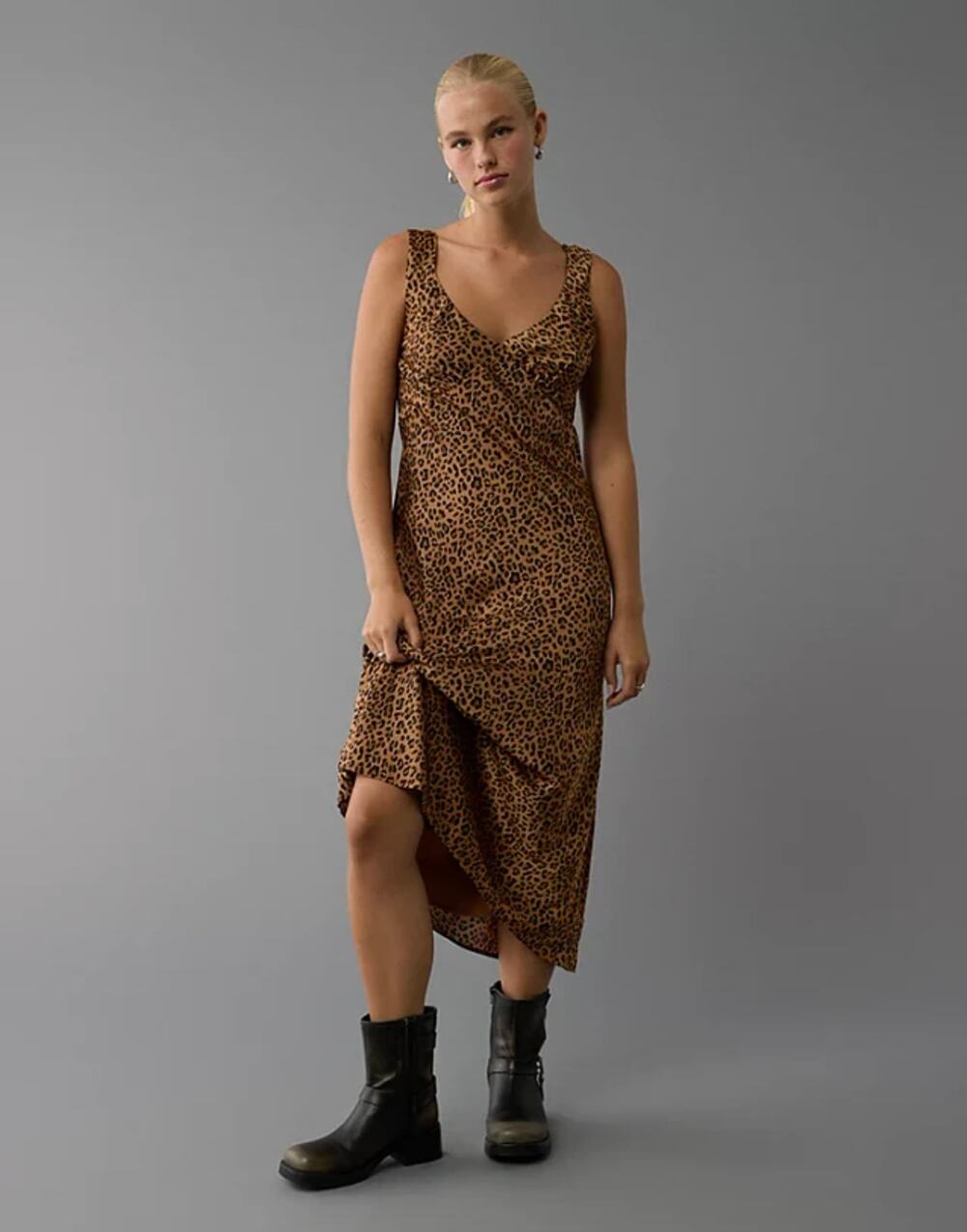 NWT American Eagle Leopard Animal Print Satin Midi Slip Dress Size XS